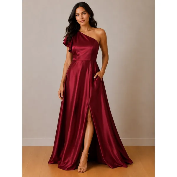 JJs House Burgundy Satin One Shoulder Ruffle Maxi‎ Gown Dress Pockets Size 4 NEW - Image 2