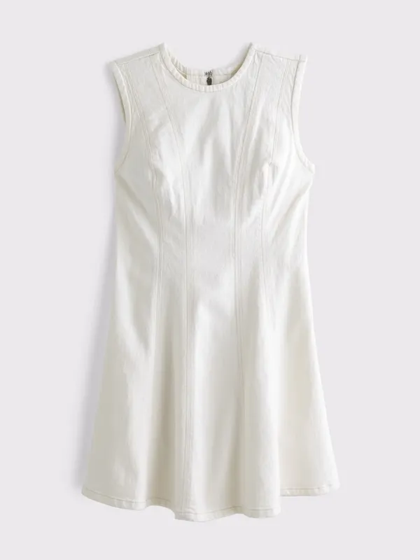 Abercrombie denim mini dress mila high neck petite short sleeveless cream - Image 7