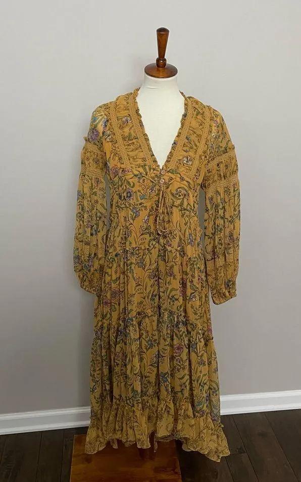 Free People Dress Cassis Midi Maxi Floral Lace Tiered Lined Boho Mustard Yellow - Image 2