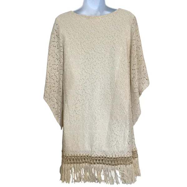 BUDDYLOVE Cream Floral Lace Kaftan Dress Fringe Hem Boho Kimono Sleeve EUC Small - Image 5