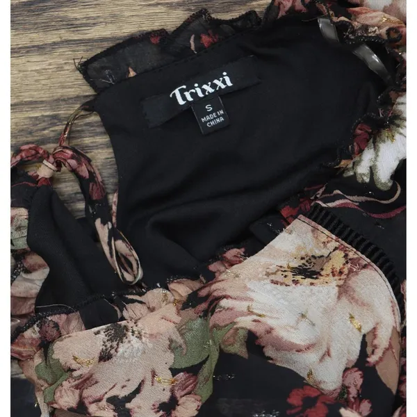NWT Trixxi Juniors Printed Tiered Short Ruffle Sleeve Dress Multi Floral Black S - Image 8