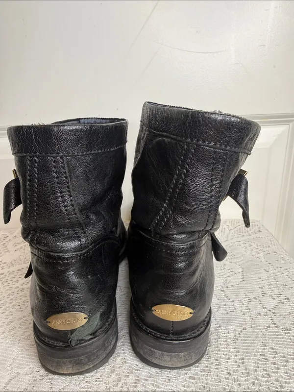 Jimmy Choo Black Leather Moto ankle fur Boots sz 6.5 (37) - Image 6