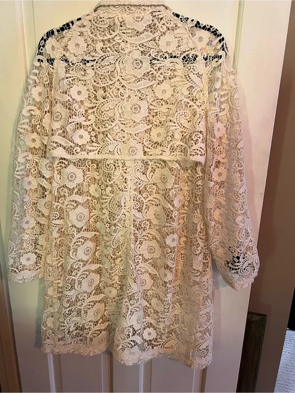 Chico's Cream Lace Longline Trench Coat Sz 2 Chicos sizing - Image 10
