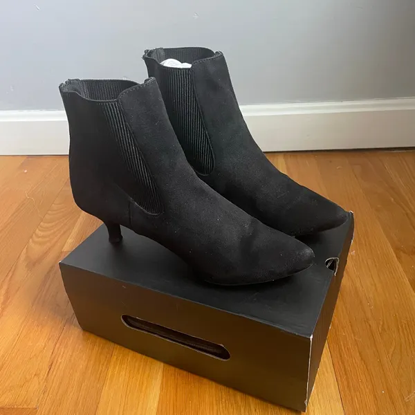 Emilia Booties Pointed Toe‎ Kitten Heel Black Minimalist Neutral Vegan Suede Zip - Image 7
