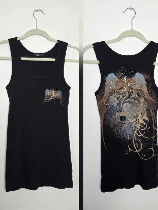 Angel Tank Top Ringer Black Gothic Whimsigoth Affliction Punk Biker Rocknroll M - Image 2