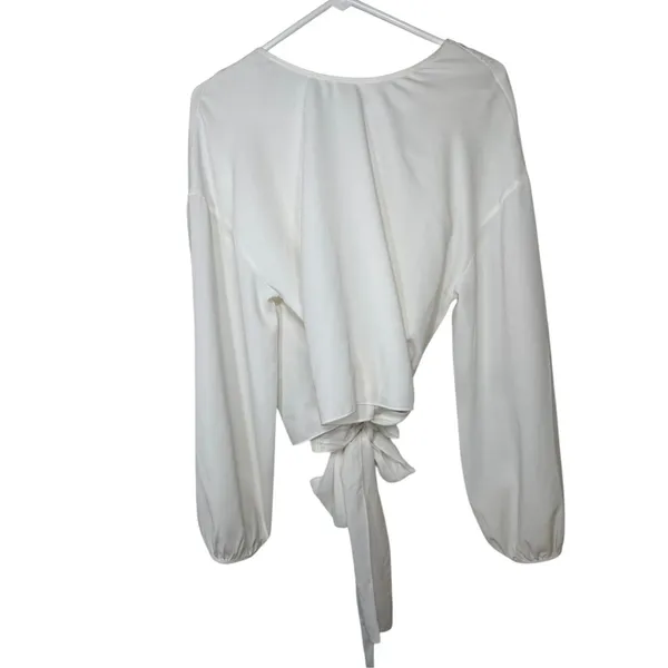Wilfred Aritzia White Wrap Blouse Womens S Silk Trim Balloon Sleeve Cropped Top - Image 11