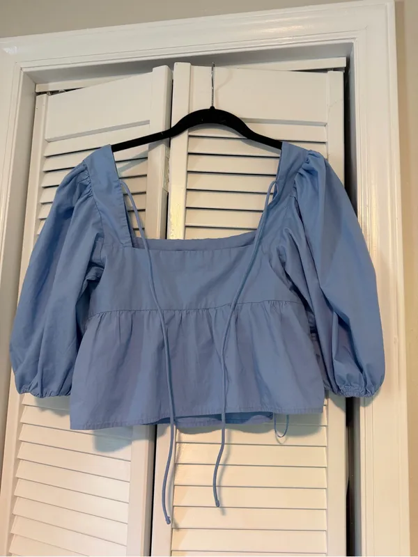 Abercrombie & Fitch Light Blue Square-Neck Puff Sleeve Top - Image 3