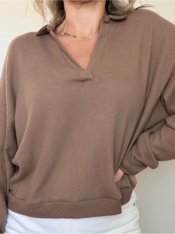 New Project Social T Relaxed V-Neck Collared Top - Brown - Image 5