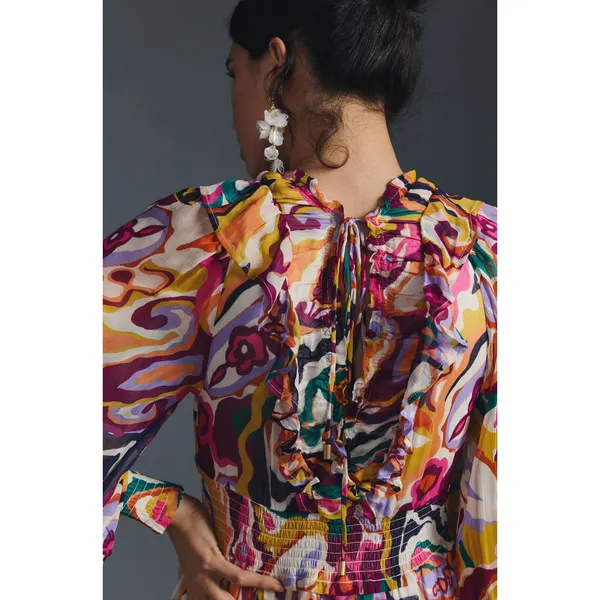 Anthropologie Odetta Ruffled V Neck Dress in Patterned Multi Print Medium - Image 4