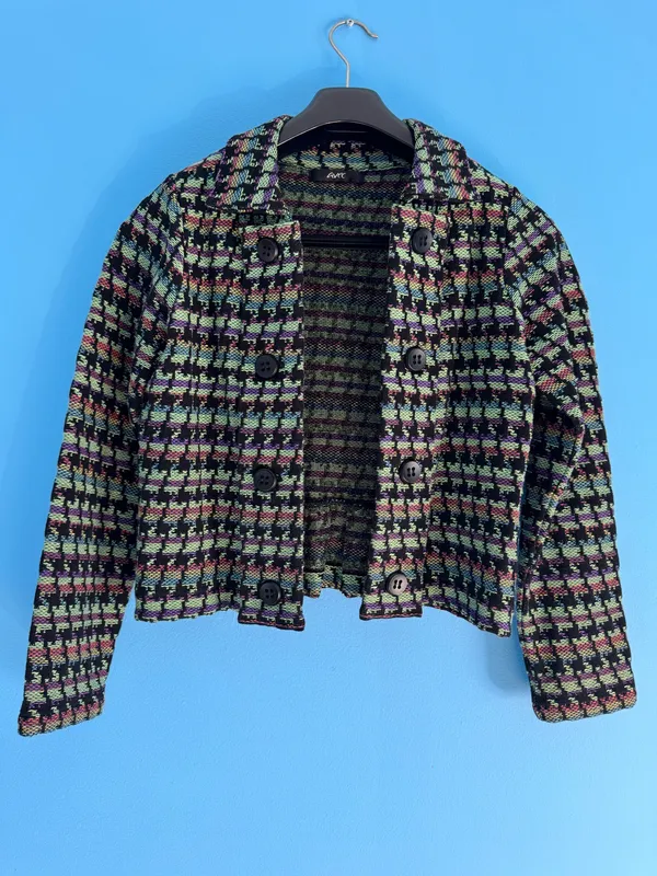 Naven AVEC Vintage-Style Multicolor Pixelated Woven Knit Button-Up Jacket - Image 7