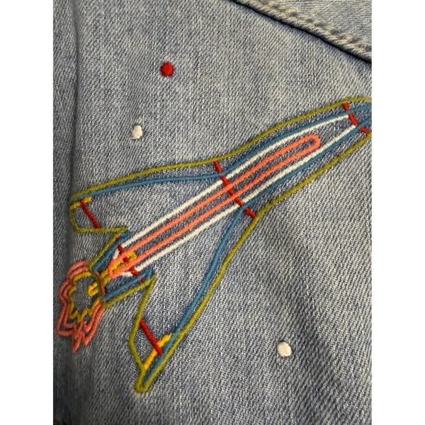 ASOS x Refinery29 Space Embroidered Denim Jacket Light‎ Wash Rocket Star XS - Image 8