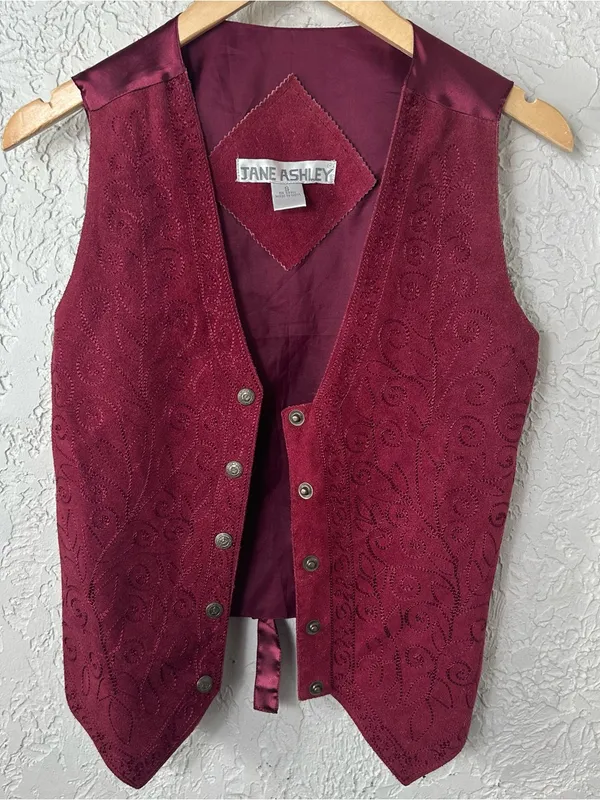 VTG 80’s 90’s Jane Ashley Burgundy Leather Satin Snap Front Vest BOHO Size S - Image 8