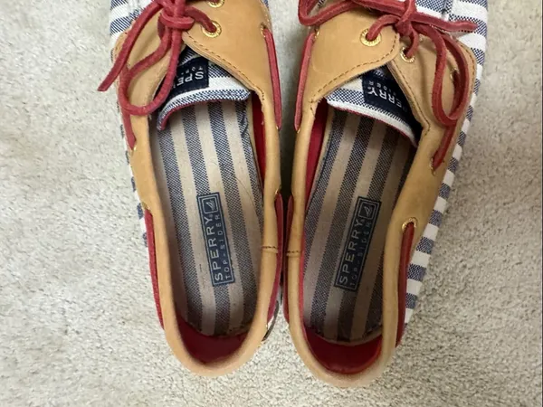 Sperry Navy & White Striped Canvas Boat Shoes with Tan Trim and Red Laces - Image 4