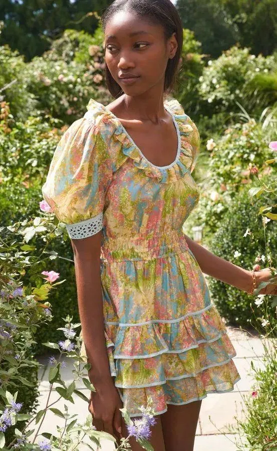 NWT $495 LoveShackFancy Pastel Fields Safiya Scoop Neck Mini Puff Sleeve Dress M - Image 4
