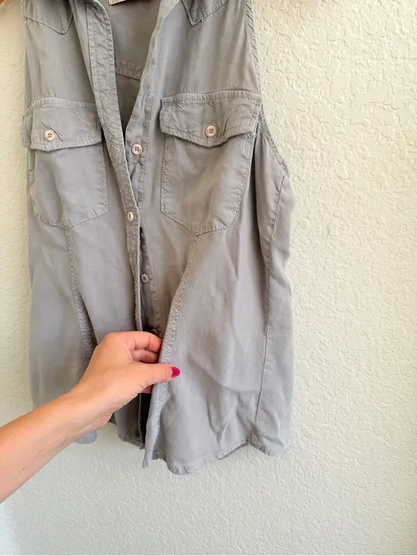 Bella Dahl Sleeveless Button Down Collard Tank Gray Cream S - Image 5