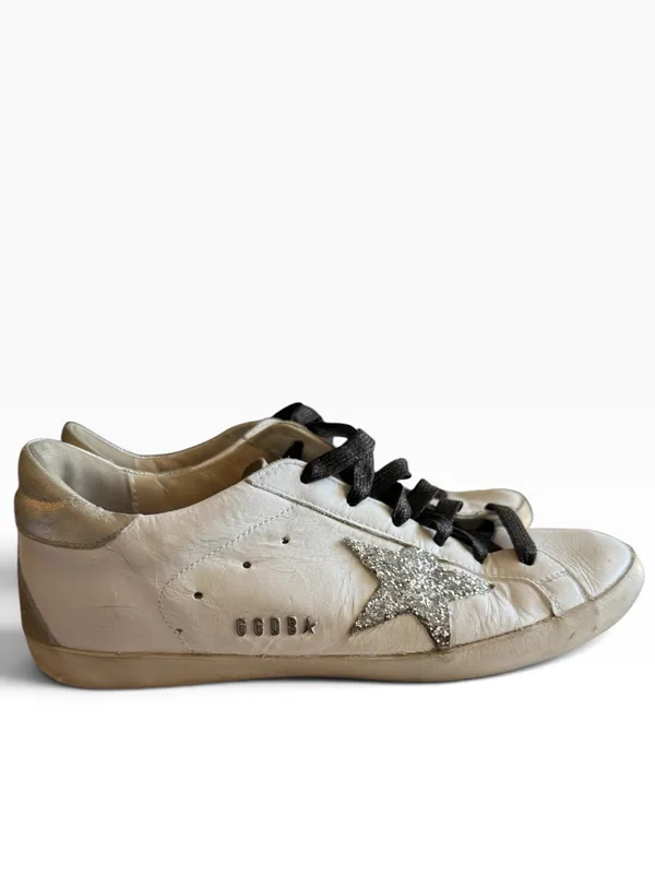 Golden Goose Super-Star Sneakers EU 39(9) White Leather Silver Glitter Star GGDB - Image 2