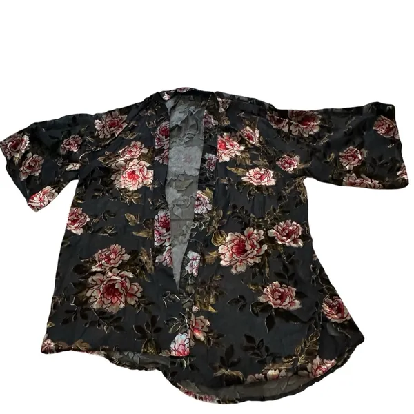 American Eagle Outfitters Size XS 3/4 Sleeve Velour‎ Pink Floral Mesh Open Top - Image 3