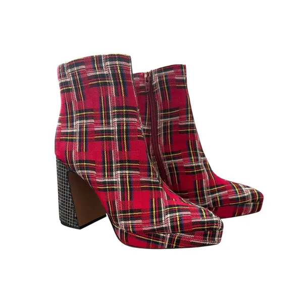 Betsy Johnson‎ Red Plaid Platform Ankle Boots Textured Block Heel size 8 - Image 2