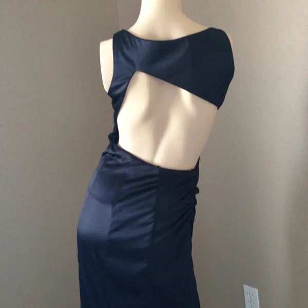 Faviana Black Satin Long Evening Dress Back & Side Cutout Rhinestone Strap Sz 2 - Image 5