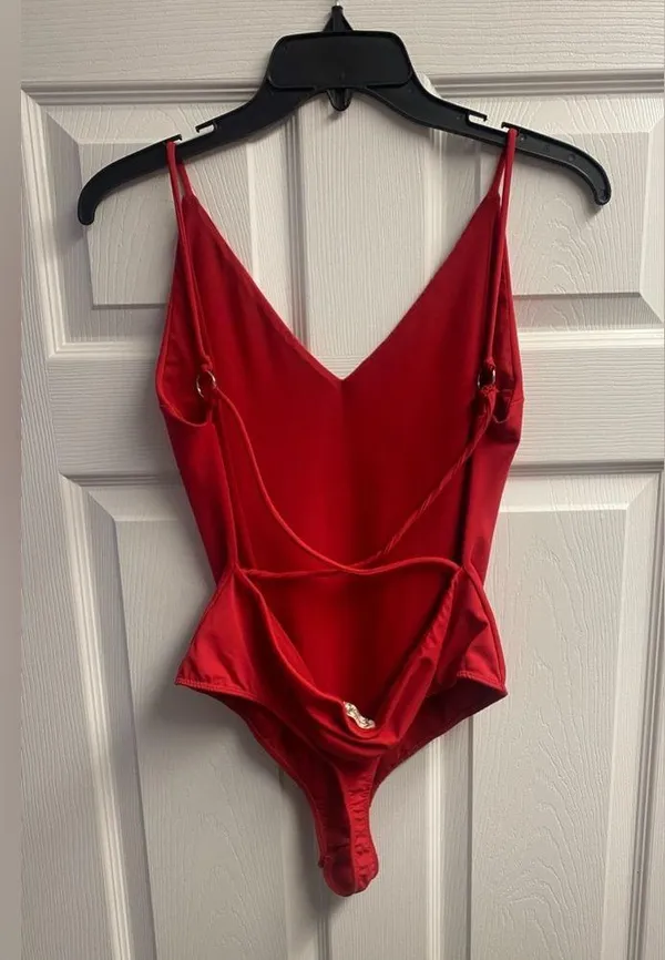 Free People Intimately Bright Red Bodysuit W/ Open Back Size Large - Image 4