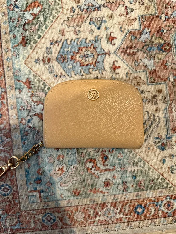 Anne Klein Beige Zip-Around Wallet Card Case w/ Gold Tone Chain Clip, Pockets - Image 8