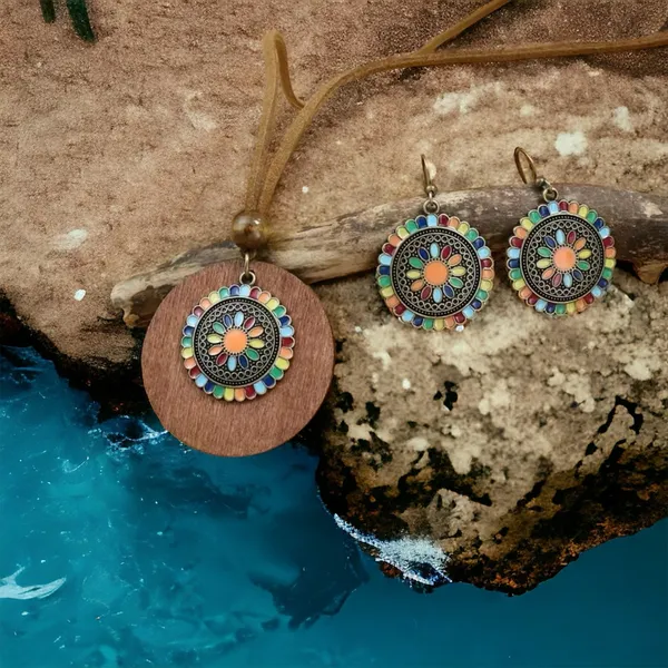 Boho Necklace‎ & Earrings Set Colorful Flower Design Tribal Accessories - Image 3