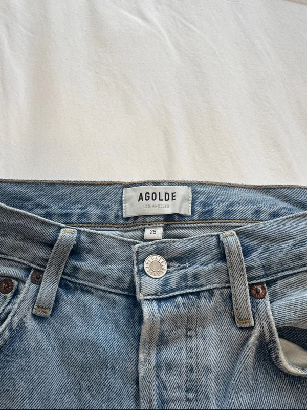 Agolde Light Blue Flare Jeans with Knee Rips - Image 2