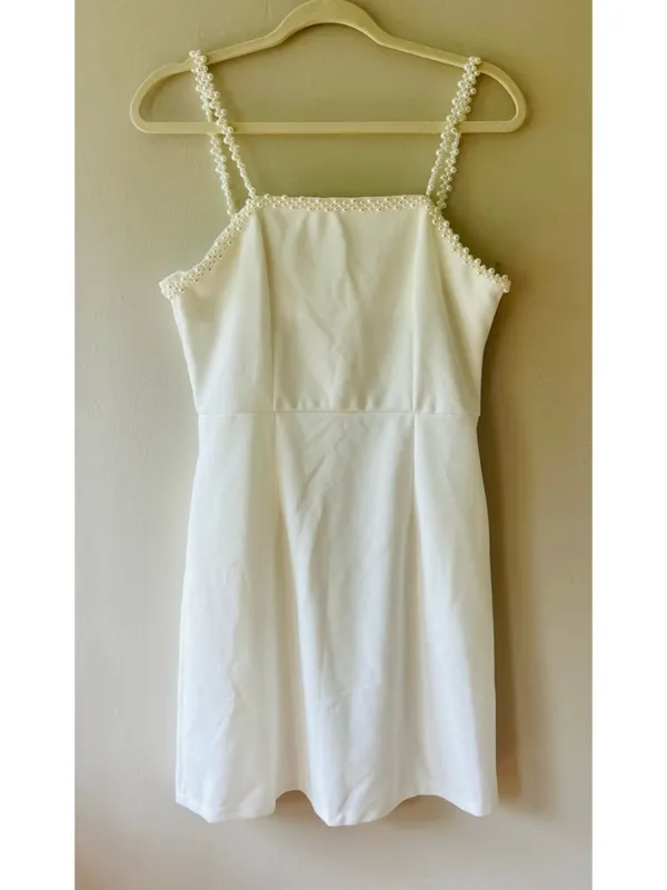 White Mini Dress Sz S - M Bandeau neckline decorated with faux pearls straps - Image 2