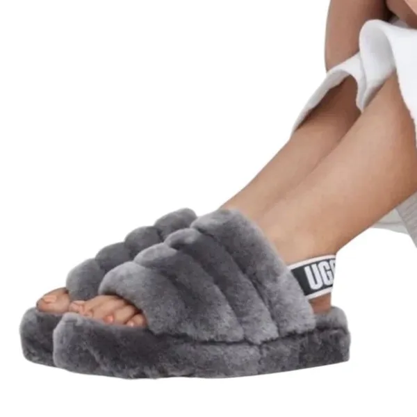 UGG Fluff Yeah Slide Fur Slippers Charcoal Grey Slingback Plush Women’s Size 11 - Image 2