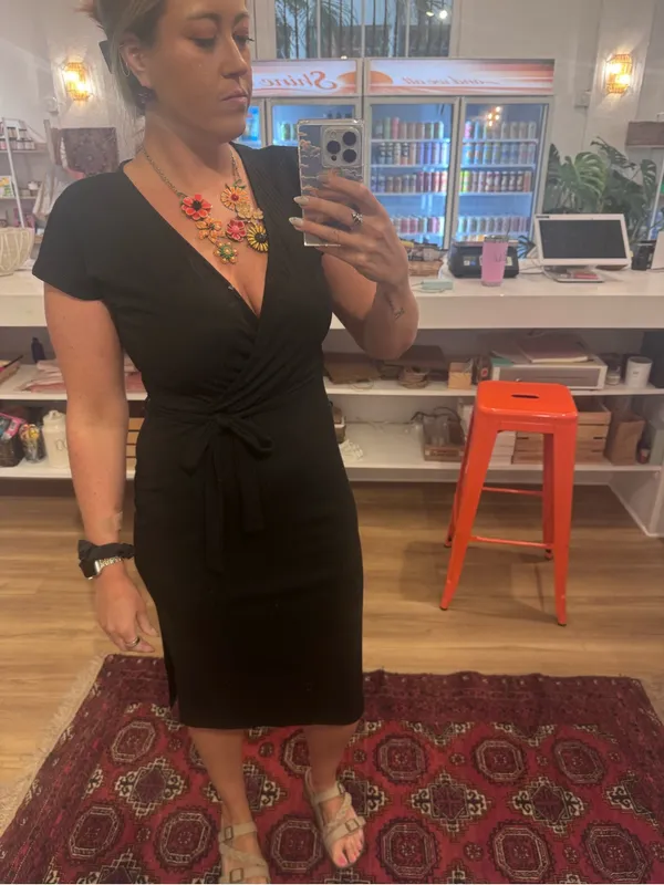 Ribbed Black Midi Wrap Dress with Waist Tie - Image 6