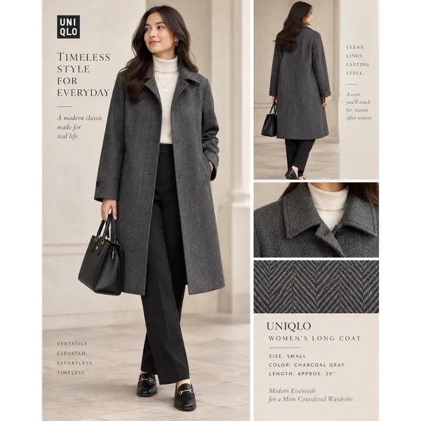 Uniqlo Herringbone Car Coat Charcoal Grey Button Front Overcoat - Image 2