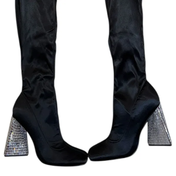 NEW ASOS Glam Black Over-the-Knee Stretch Boots Crystal Embellished Cone Heel - Image 3