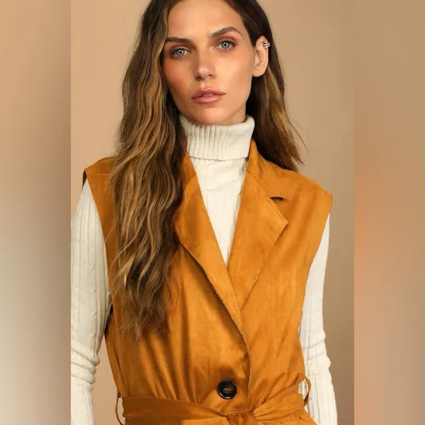 Lulus Brown Brisk Bliss Camel Suede Sleeveless Button‎ Long Trench Coat - Image 3