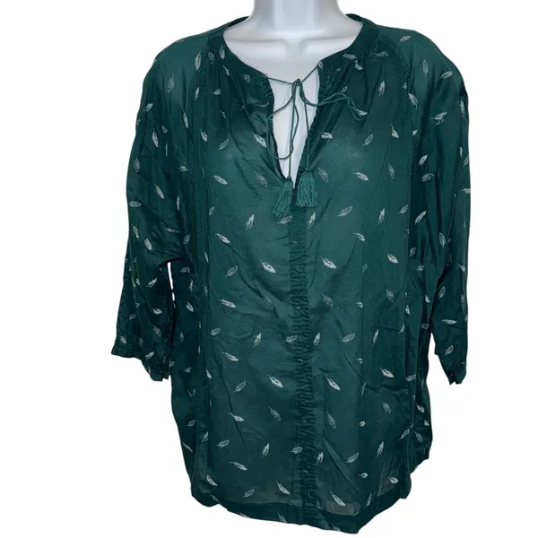 MADEWELL Green Fall Feather Print Tassel Tie Neck 3/4 Sleeve Blouse Small‎ - Image 2