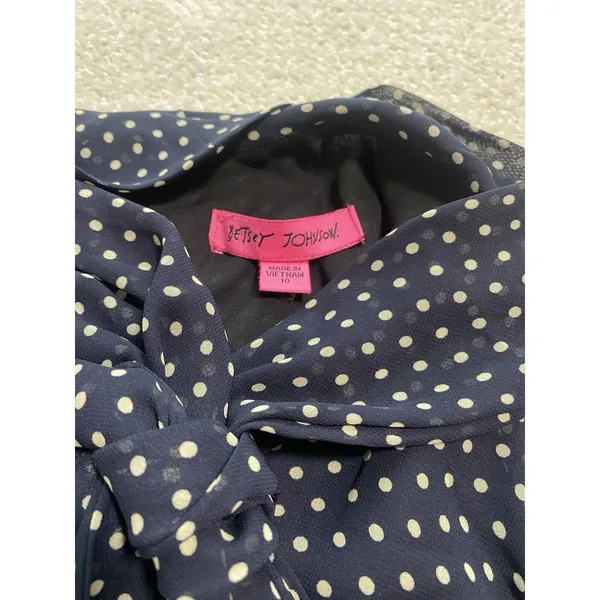 Betsey Johnson Navy Polka Dot Chiffon Puff Sleeve Tie Neck Knee Dress Size 10 - Image 8