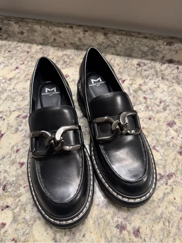 Marc Fisher Black Leather Silver ChainHorsebit Loafer Shoes Fall Chunky - Image 2