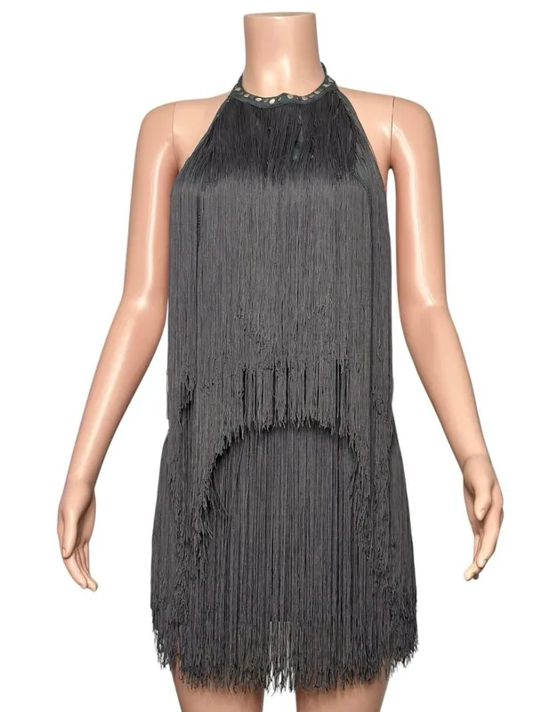 JADED LONDON Vadra Backless Fringe Mini Dress, Charcoal Grey, 4(US) - Image 7