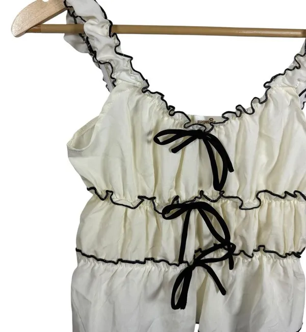 Sugarkiss Women’s Contrast Trim Ruffle Bow Top Ivory/Black Size L - Image 3