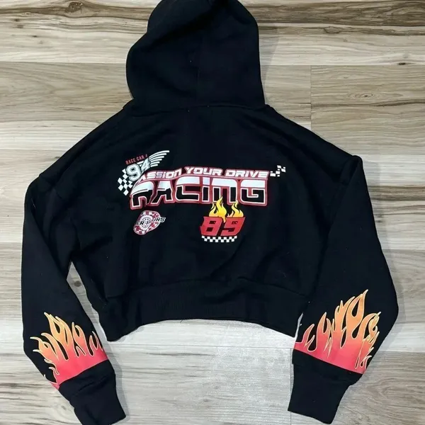 Racecar Black Cropped Zip Up Hoodie Sweatshirt Women’s Small - Image 4