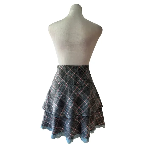 Freebird Gray & Blue Plaid Tiered Lace Hem Mini Skirt - Image 6