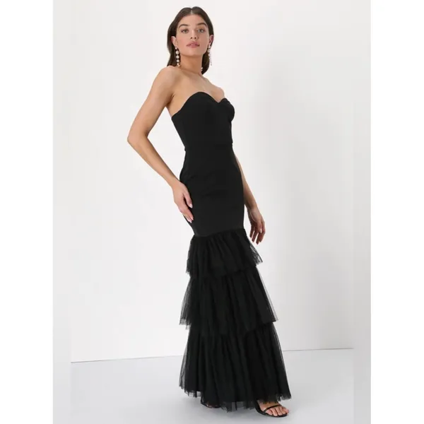 Lulus Dramatic Fanatic Black Strapless Tulle Trumpet Maxi Dress Size Small NWT - Image 3