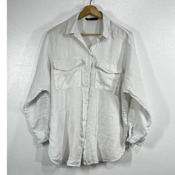 Zara 100% Linen Relaxed Fit Button Down Shirt Oyster White Sz Large‎ Casual Boho - Image 3