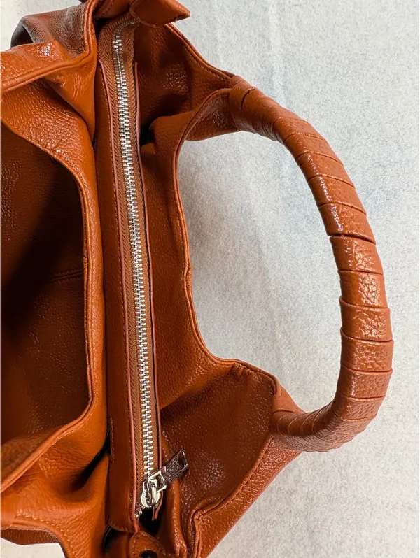 Brown Pebbled Faux Leather Satchel Handbag Shoulder Bag w/ Strap - Image 6