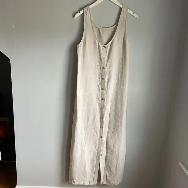Beige Linen Midi Dress Women XS Capsule Minimalist Lagenlook Button Down Beachy - Image 3