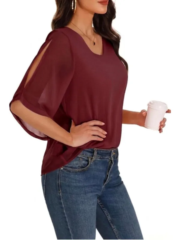 NEW Ruffle 3/4 Sleeve Chiffon Tops V Neck 2 Layers Blouse M - Image 6