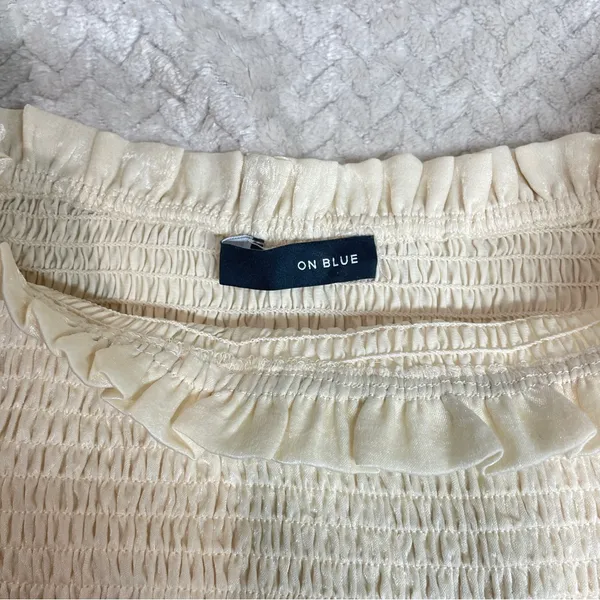 On‎ Blue Womens Ivory Smocked Square Neck long sleeve peplum Poet blouse Medium - Image 9