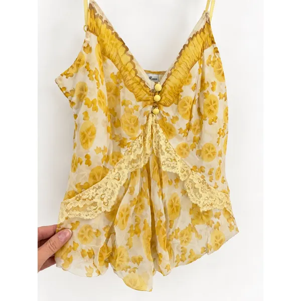 Tracy Reese Cami Top Womens Small Yellow Silk Lace Trim Citrus Print Y2K Vintage - Image 3