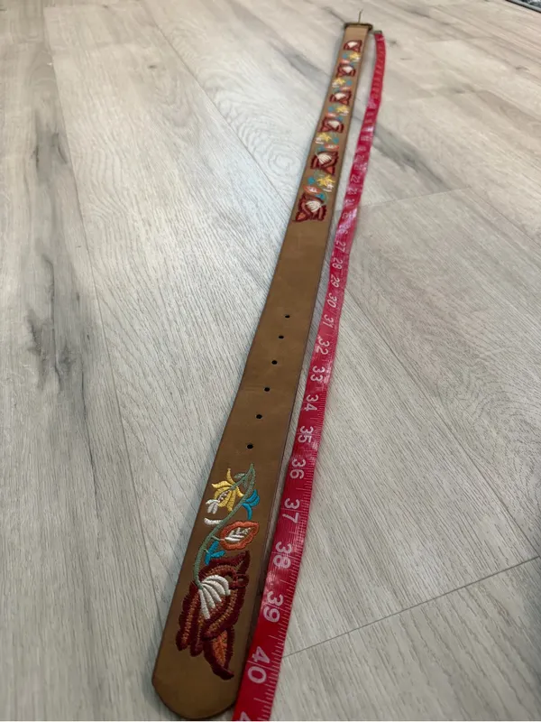Embroidered Floral Tan Vegan Leather Belt - Image 3