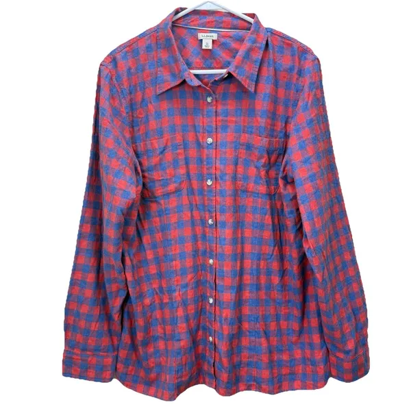 LL Bean Womens Red‎ Blue Plaid Flannel Button Front Shirt Size XL - Image 2