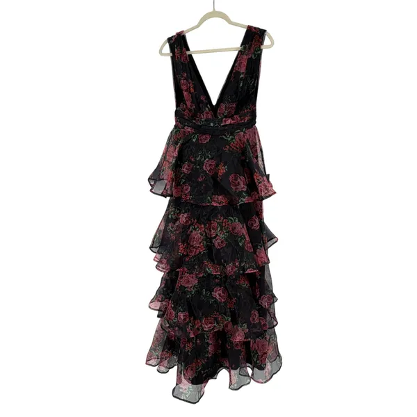Lulus Black Floral Tiered Ruffle‎ Maxi Dress Sleeveless V-Neck Small NWT - Image 3